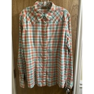 Wrangler Women's XL Western Shirt Teal Turquoise Orange Plaid Pearl Snaps Cotton